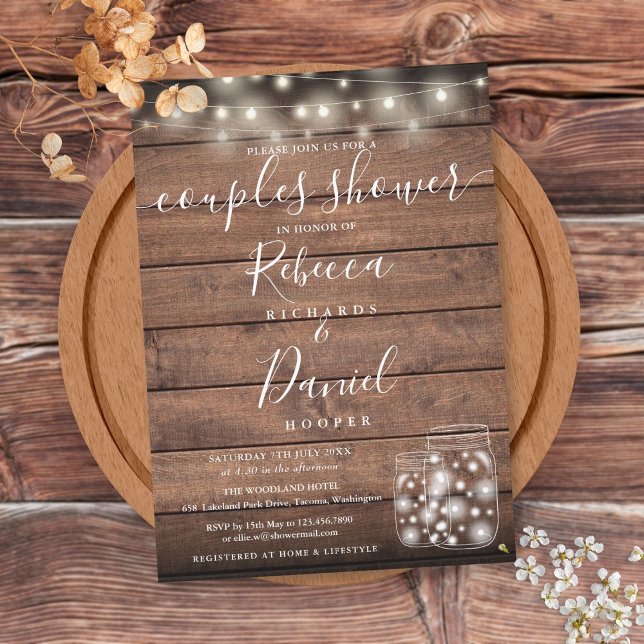 Convites Luzes de Corda Potes de Pedra Casais Churrasco (String Lights Mason Jars Script Couples Shower Invitation)