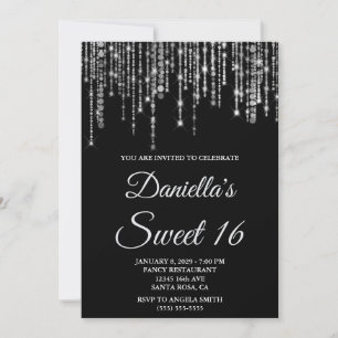 Convites Luzes de Corda Prateadas Brilhantes Black Sweet 16
