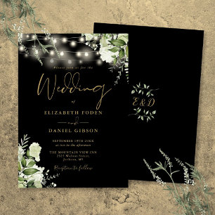 Convites Luzes de Corda Preta e Dourada Floral Casamento