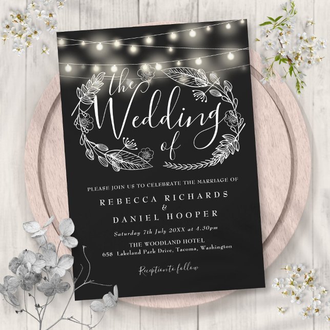 Convites Luzes de Corda Pretas e Brancas Rótulo Casamento (Black And White String Lights Script Wedding Invitation)