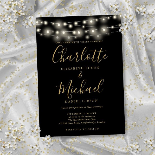 Convites Luzes de Corda Preto Dourado Elegante Casamento Sc (String Lights Black Gold Elegant Script Wedding Invitation)