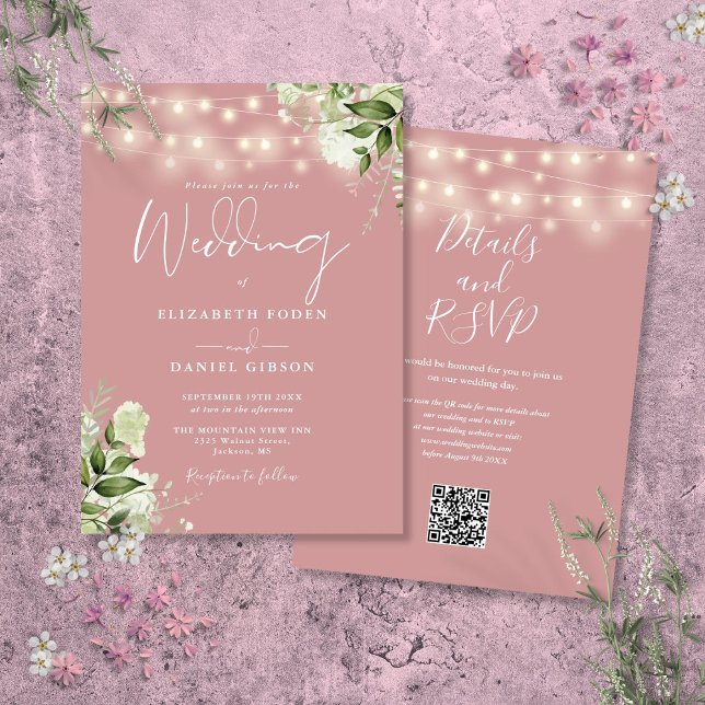 Convites Luzes de Corda Rosa Empoeirada Código QR Floral Ca (Dusty Rose String Lights Floral QR Code Wedding Invitation)