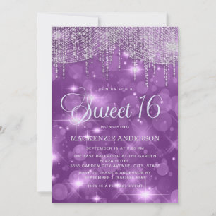 Convites Luzes de Corda Roxa Brilhante Bokeh Glam Sweet 16