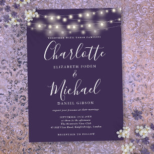 Convites Luzes de Corda Roxas Elegantes Casamento Script