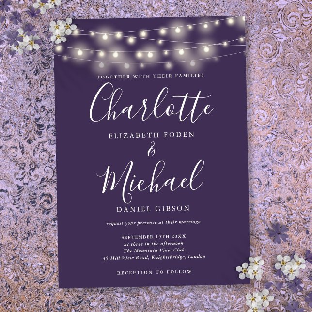 Convites Luzes de Corda Roxas Elegantes Casamento Script  (String Lights Purple Elegant Script Wedding Invitation)