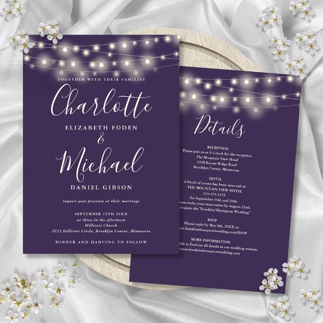 Convites Luzes de Corda Roxas Tudo em Uma Simples Noiva (String Lights Purple All In One Simple Wedding Invitation)