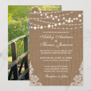 Convites Luzes de Corda Rustic Wedlap Lace Invite P