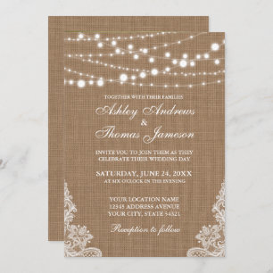 Convites Luzes de Corda Rustic Wedlap Lace Invite PB