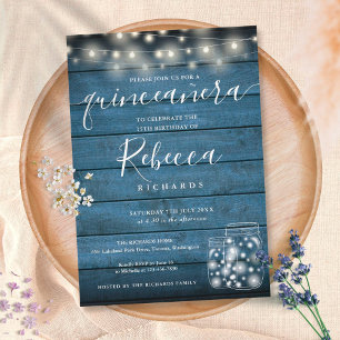 Convites Luzes de Corda Rústicas Azuis Script Quinceañera 1
