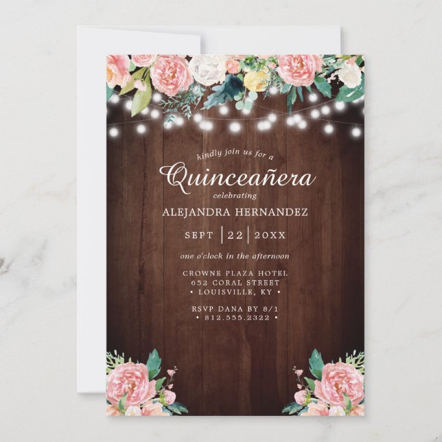 Convites Luzes de Corda Rústicas Rosa Floral Quinceañera (Frente)