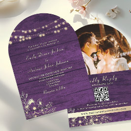 Convites Luzes de Corda Rústicas Roxas Código QR Casamento