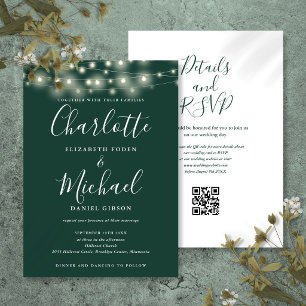 Convites Luzes de Corda Script Esmeralda Código QR Casament