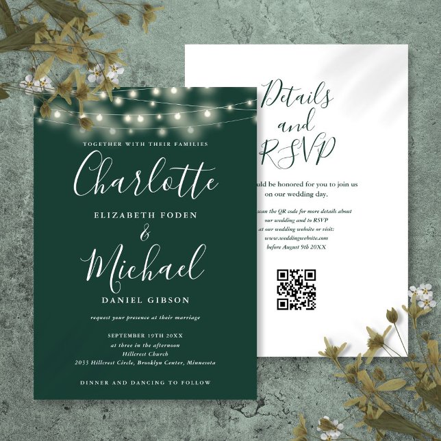 Convites Luzes de Corda Script Esmeralda Código QR Casament (String Lights Script Emerald Green QR Code Wedding Invitation
)