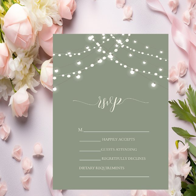 Convites Luzes de Corda Simples Verde Sage Casamento RSVP   (Criador carregado)