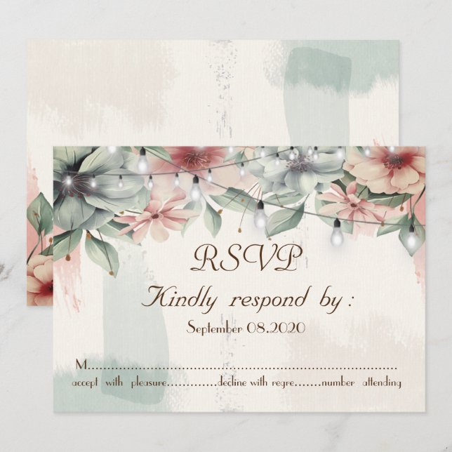 Convites Luzes de Corda,Traço de Pincel,Floral RSVP (Frente/Verso)