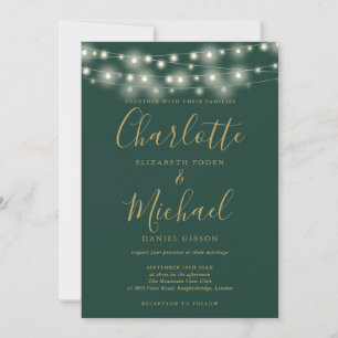 Convites Luzes de Corda Verde Dourado Elegante Casamento Sc