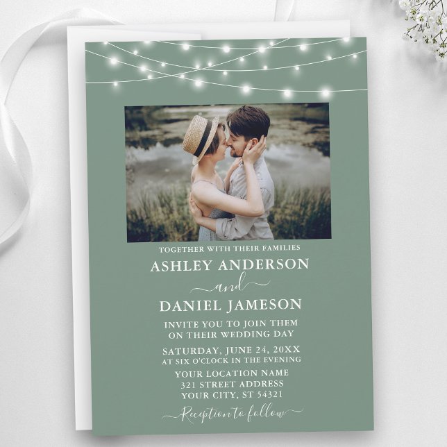 Convites Luzes de Corda Verde Oliva Modernas Foto Casamento (Customize to add more text to back of card.)