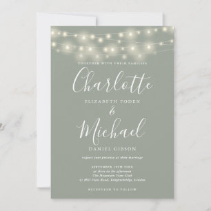 Convites Luzes de Corda Verde Sage Casamento com Letra Eleg