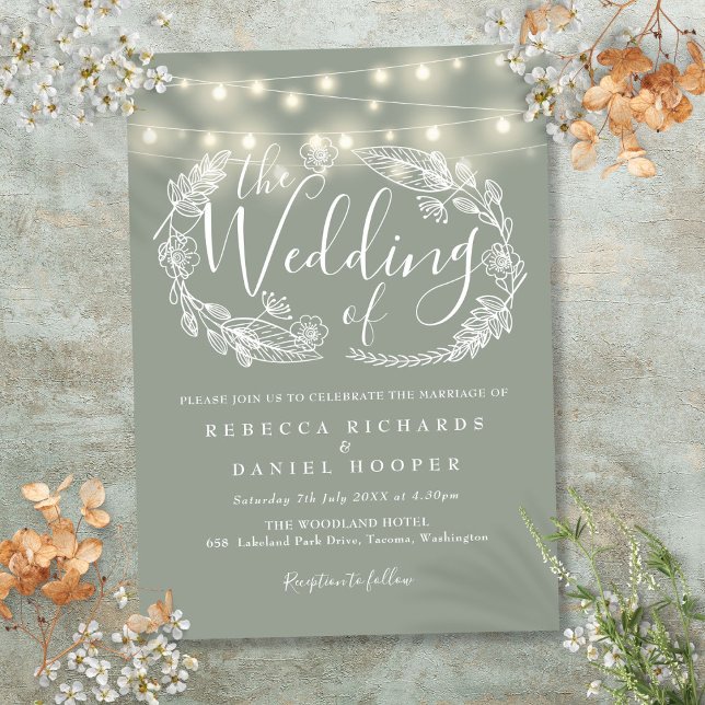 Convites Luzes de Corda Verde Sage Roteiro Casamento (Sage Green String Lights Script Wedding Invitation)