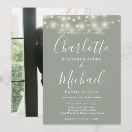 Convites Luzes de Corda Verde Sage Script Foto Casamento 