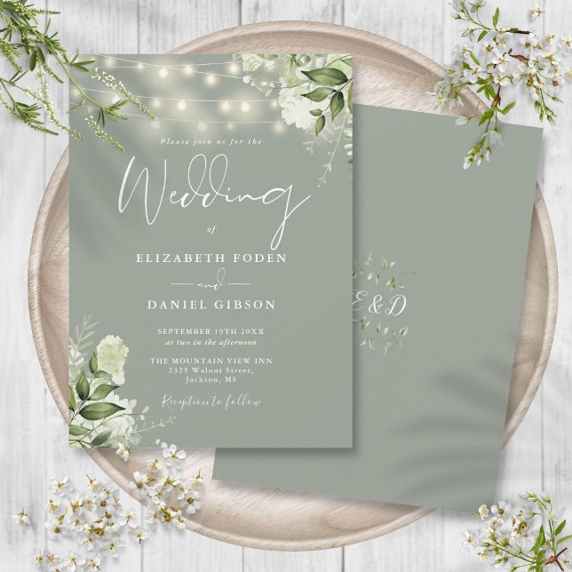 Convites Luzes de Corda Verde Sálvia Monograma Floral Casam (Sage Green String Lights Floral Monogram Wedding Invitation)