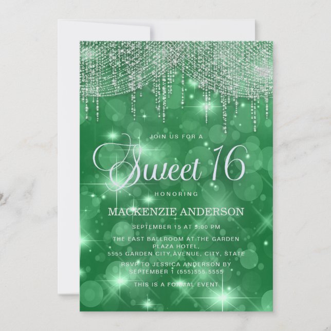 Convites Luzes de Corda Verdes Bokeh Sweet 16 (Frente)