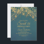 Convites Luzes de cordas brilhantes Douradas em Teal Brilha<br><div class="desc">Elegante Doce 16 convite de aniversário com belas luzes de cordas de ouro brilhante e boque cintilante sobre fundo negro.</div>