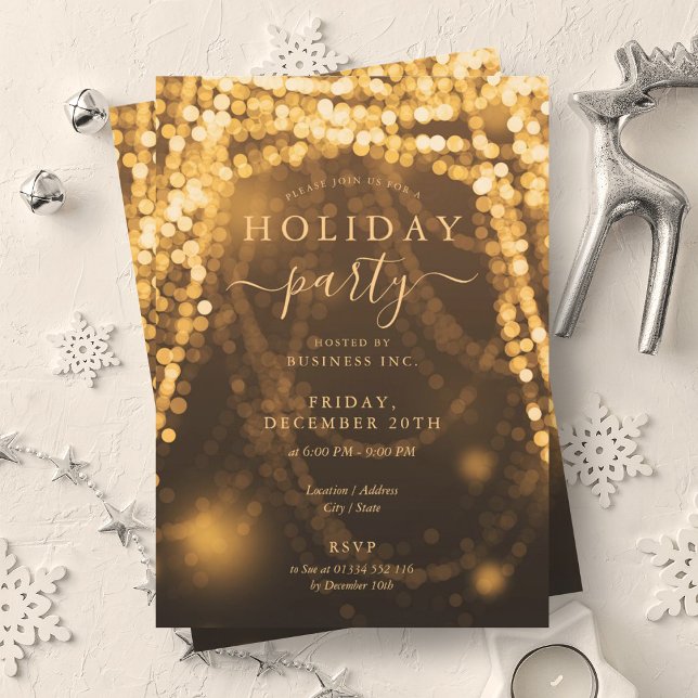 Convites Luzes de cordas de festas de festas Douradas da El (Elegant Gold Company Holiday Party String Lights Invitation)