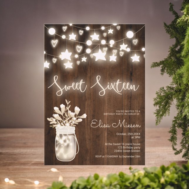 Convites Luzes de cordas de madeira russas Mason jar Sweet  (Rustic wood string lights mason jar Sweet 16 Invitation)