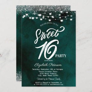 Convites Luzes de Cordas Elegantes Confetti Green Sweet 16