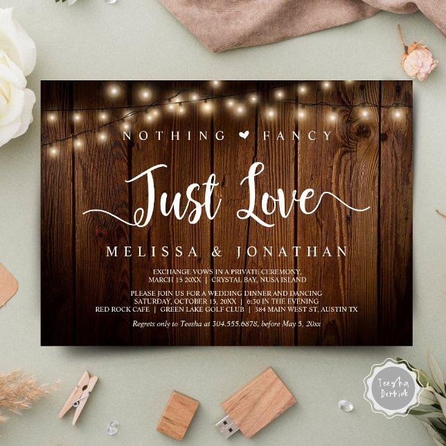 Convites Luzes De Cordas, Elopeamento, Nada De Rico Apenas  (Nothing Fancy Just Love Invitation Card, Modern Rustic String Lights, Cottage Brown Wood.)