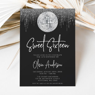 Convites Luzes de Disco Prata Preto Sweet 16