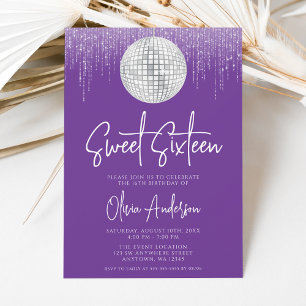 Convites Luzes de Disco Prata Violeta Real Sweet 16