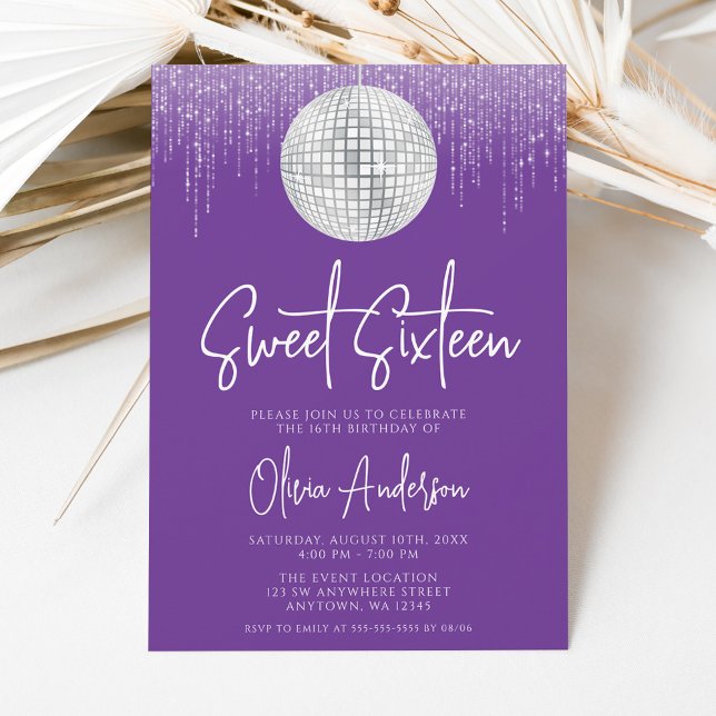 Convites Luzes de Disco Prata Violeta Real Sweet 16 (Criador carregado)