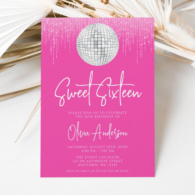 Convites Luzes de Disco Rosa Prata Sweet 16 (Criador carregado)