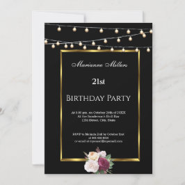 Convites Luzes de fada de aniversário de 21 anos Rosas Pret