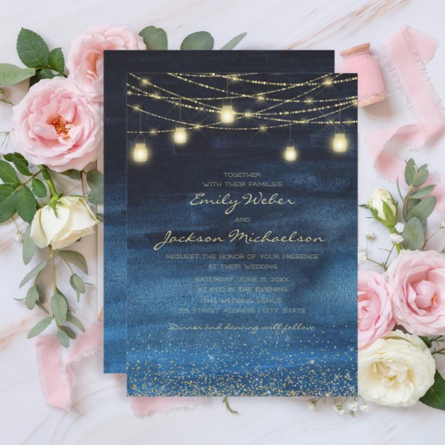 Convites Luzes de Fada Glitter Dourado Azul Casamento  (Navy blue and gold string lights wedding invitation)