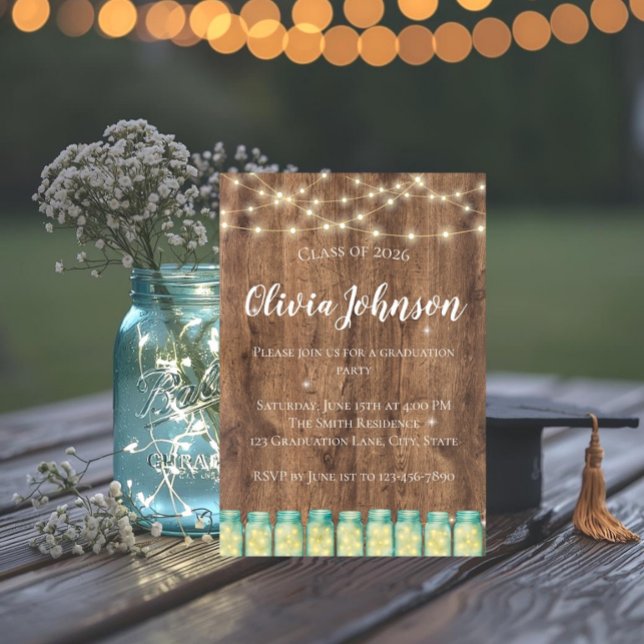 Convites Luzes de Fada Rústicas Country em Jarra de Pedra I (Country rustic graduation invite with string lights and glowing fairy lights in blue mason jars.)