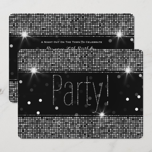 Convites Luzes de festa brilhantes preto e prata Aniversári (Frente/Verso)