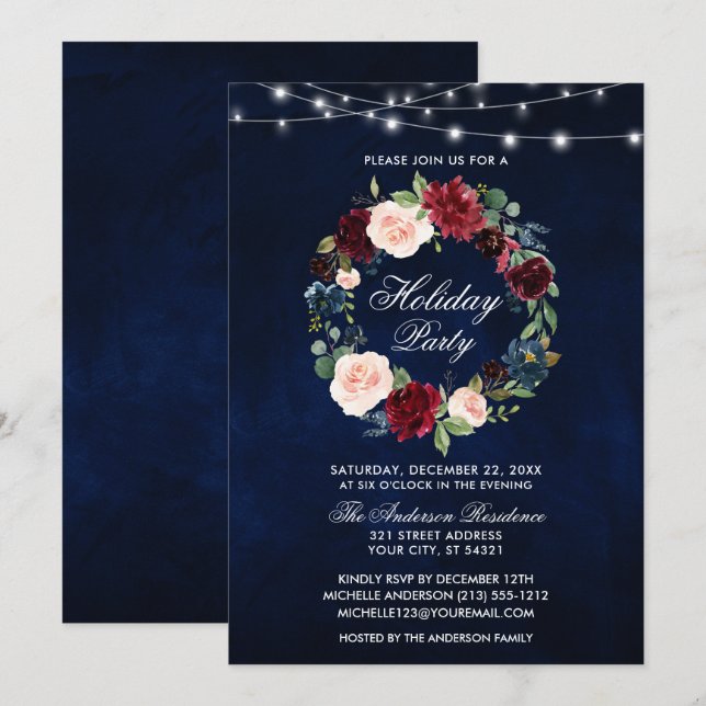 Convites Luzes de Festa de Férias Florais em Aquarela Elega (Frente/Verso)