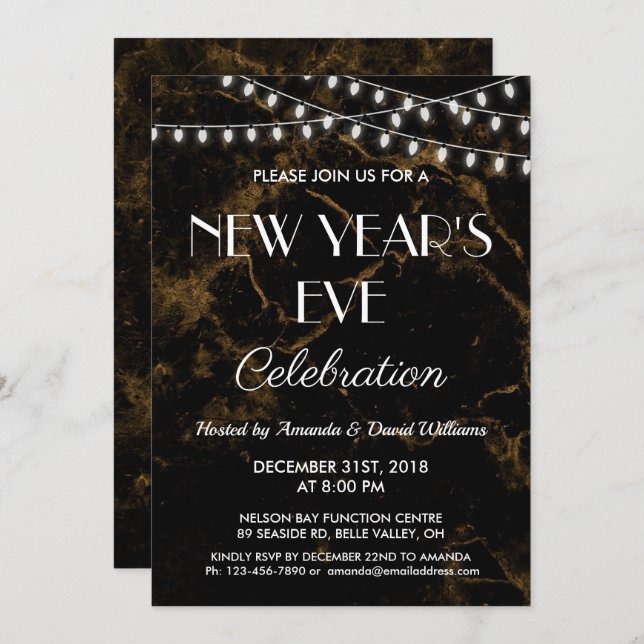 Convites Luzes de festa Douradas em mármore preto (Frente/Verso)