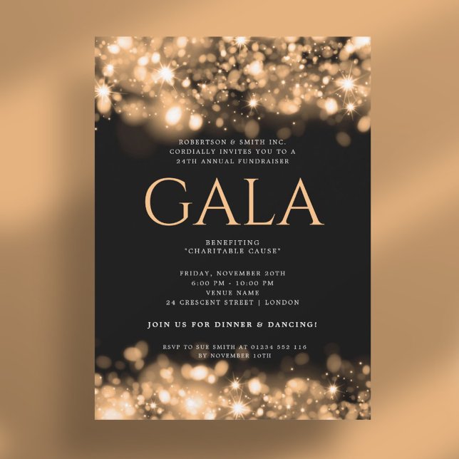 Convites Luzes de ignição Douradas da Bola Gala Corporativa (Formal Corporate Gala Ball Gold Sparkling Lights Invitation)