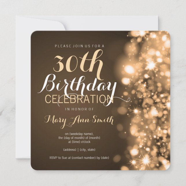 Convites Luzes de ignição Douradas do aniversário de 30 ano (Frente)