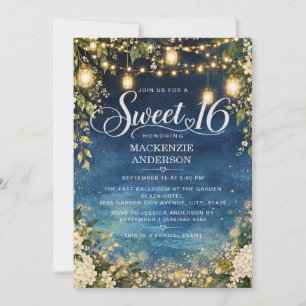 Convites Luzes de Jardim Azul Naval Floral Sweet 16