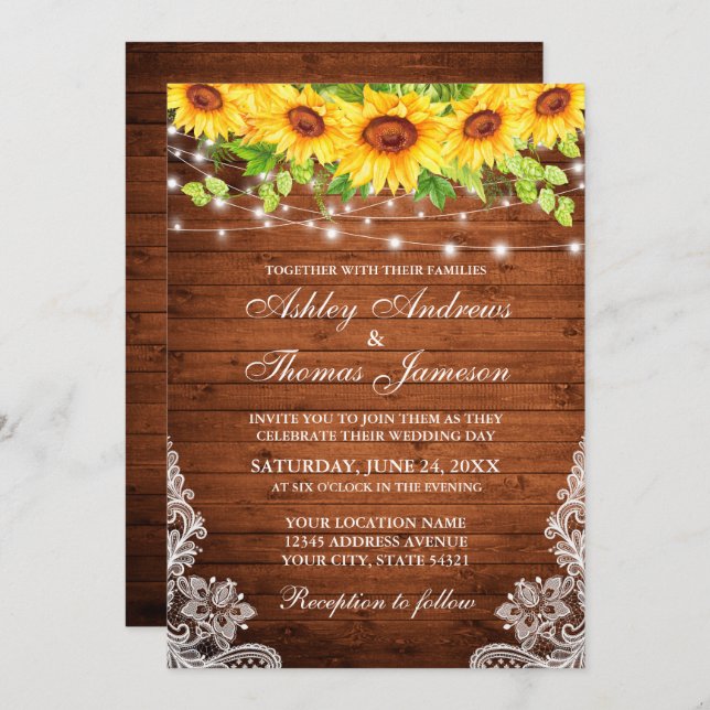 Convites Luzes de madeira de girassol (Frente/Verso)