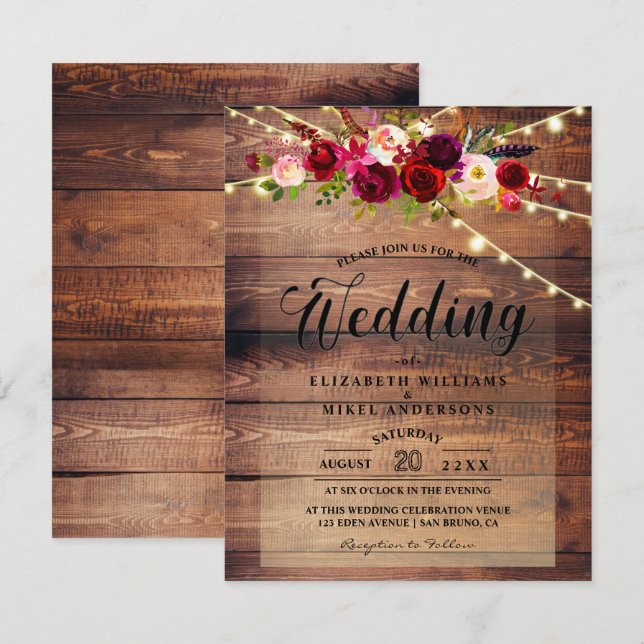 Convites Luzes de madeira rustica e Casamento Floral de Bor (Frente/Verso)