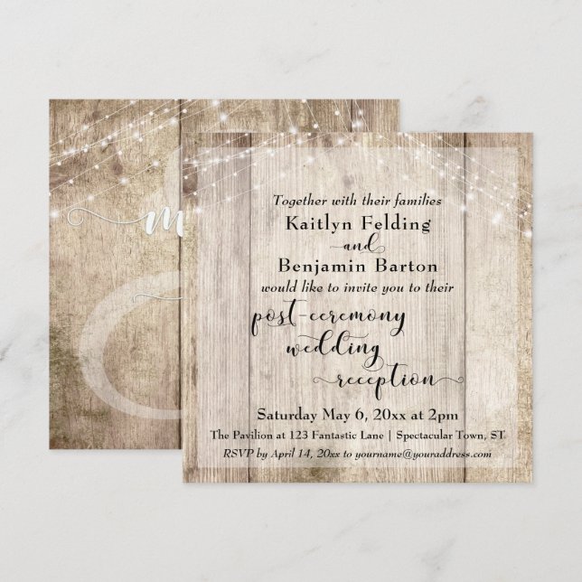 Convites Luzes de Madeira Rústica no Posto de Cerimônia Rec (Frente/Verso)