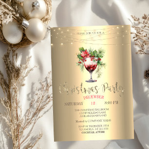 Convites Luzes de Natal Douradas de Poinsettia de Coquetel