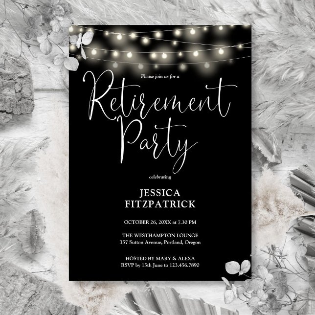Convites Luzes de Natal Pretas e Brancas Festa de Aposentad (Black And White String Lights Retirement Party Invitation)