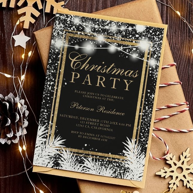 Convites Luzes de pinheiro preto de neve russa (Rustic snow black Christmas pine string lights Invitation)